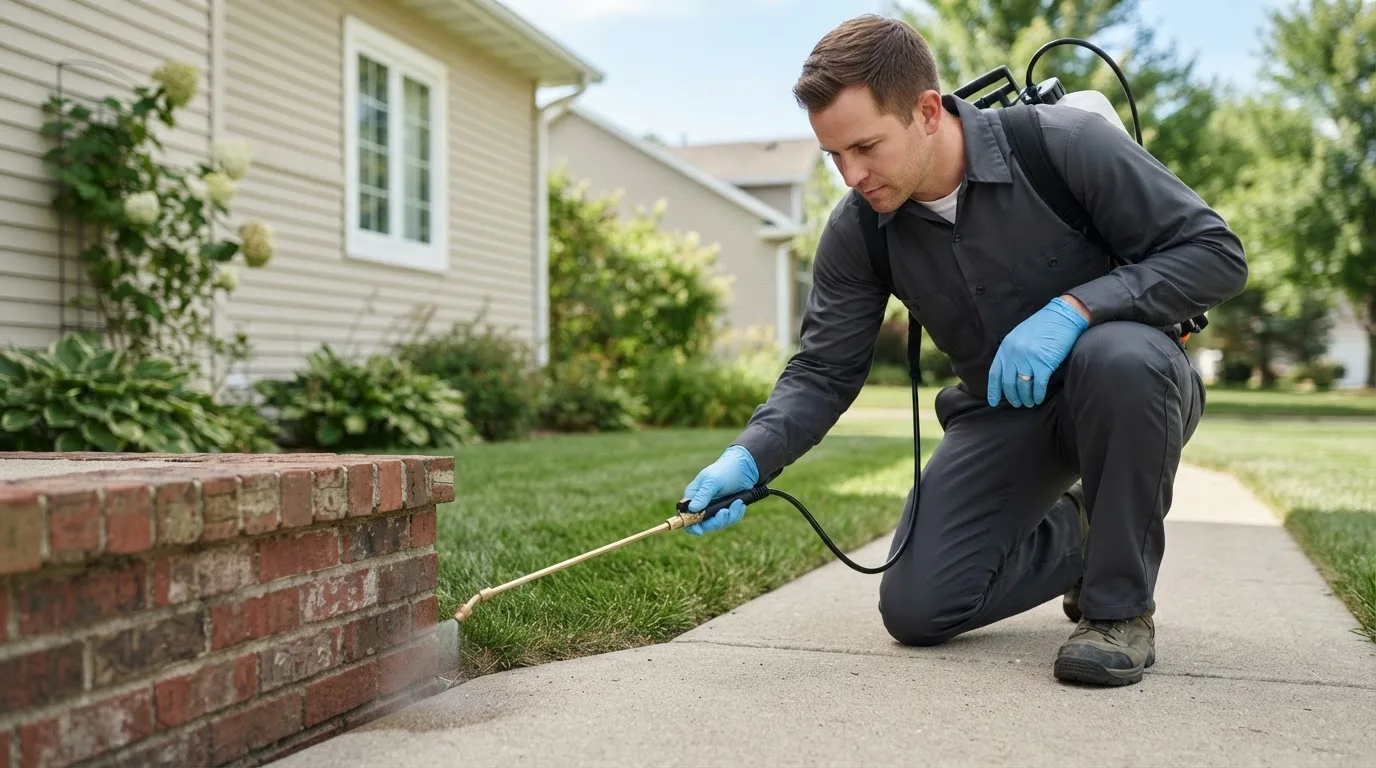 Pest control technician treating a home near Varnell, GA